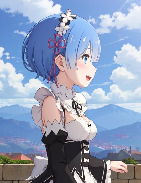 18119-1368496289-best quality, masterpiece, , phRem, 1girl, solo, roswaal mansion maid uniform, maid, sky, detached sleeves, cloud, open mouth, o.png